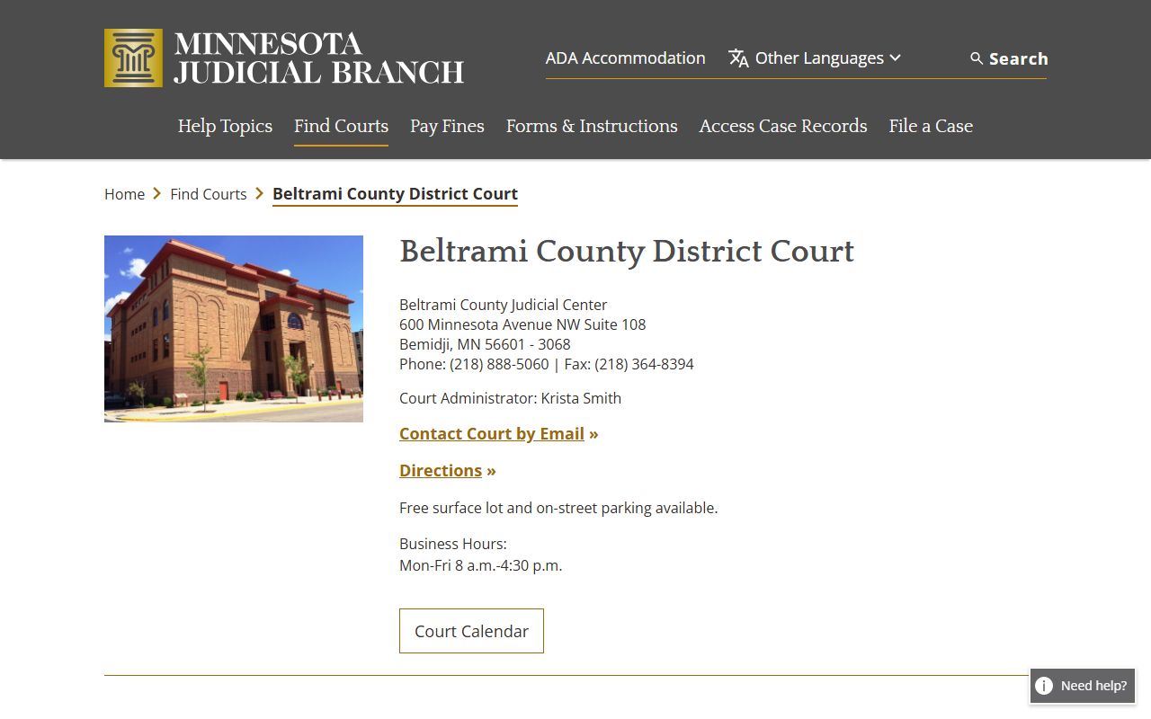 Beltrami County court records after arrest Judicial Center contact page