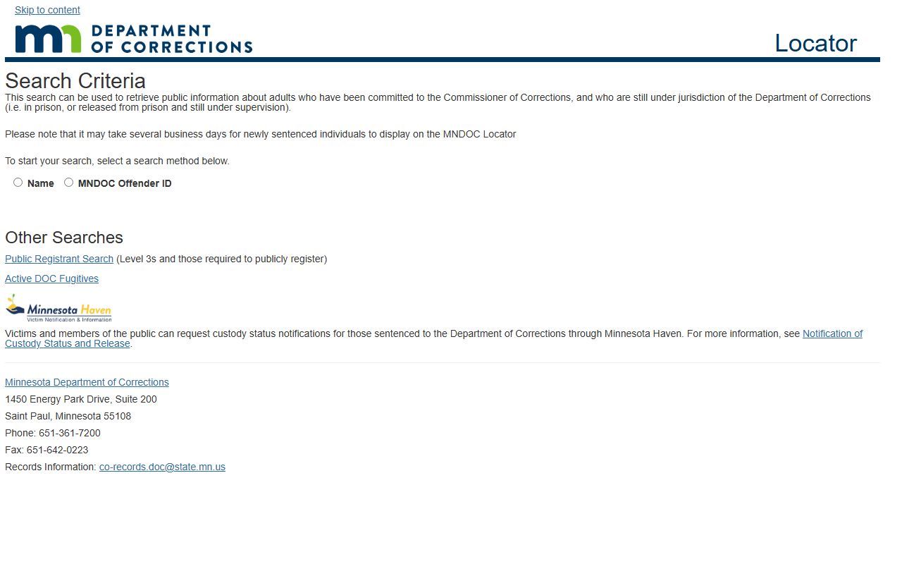MNDOC locator search fields for Beltrami County sentenced inmate records